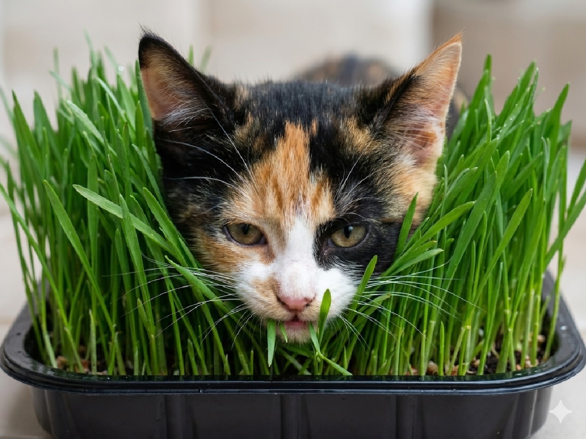 Kotka tricolor w doniczce z trawką